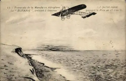 Ak Louis Bleriot vollendet die erste Überquerung des Ärmelkanals in einem Flugzeug, Monoplane XI