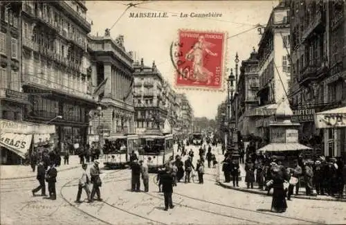 Ak Marseille Bouches du Rhône, Rue Cannebiere, tramways