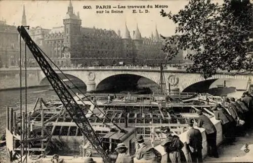 AK U-Bahn Paris, Metroarbeiten an der Seine, Brücke