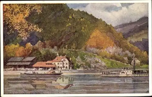 Künstler Ak Schmidt, Rup., Obermühl Oberösterreich, Salondampfer, Häuser am Ufer