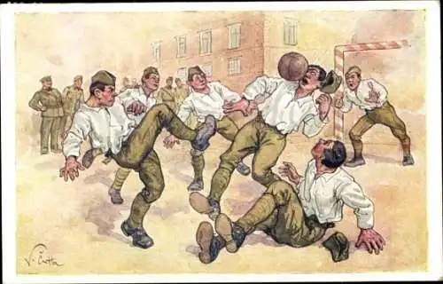 Künstler Ak Tschechische Soldaten spielen Fußball