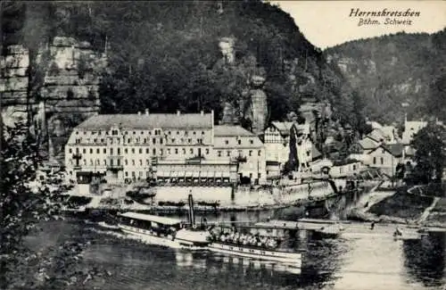 Ak Hřensko Herrnskretschen Elbe Region Aussig, Teilansicht, Dampfer