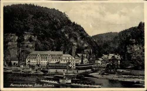 Ak Hřensko Herrnskretschen Elbe Region Aussig, Gesamtansicht, Dampfer