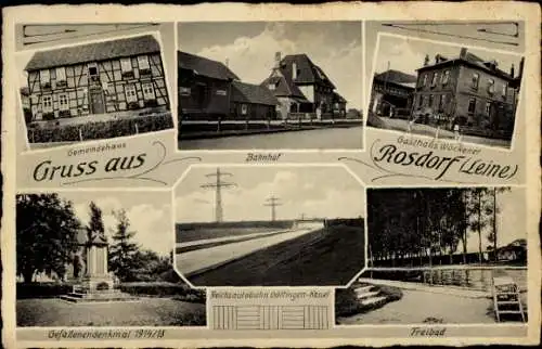 Ak Rosdorf in Holstein, Gemeindehaus, Bahnhof, Gasthaus Wöckener, Gefallenendenkmal, Freibad