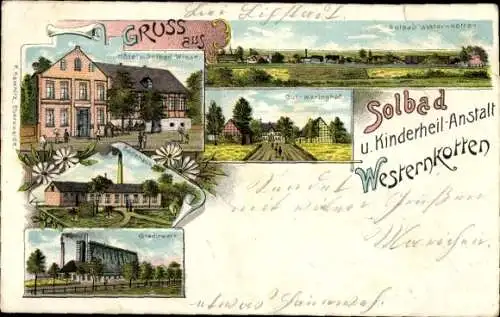 Litho Westernkotten Erwitte in Westfalen, Solbad, Kinderheilanstalt, Gradierwerk, Badehaus