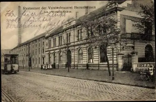 Ak Herrenhausen Hannover in Niedersachsen, Restaurant der Vereinsbrauerei, Straßenbahn