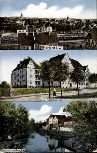 Ak Herford in Westfalen, Panorama, Lehrerseminar, Herthabrücke
