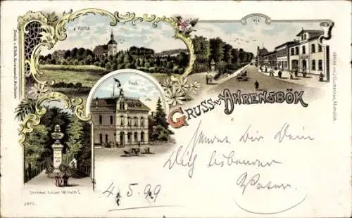 Litho Ahrensbök in Ostholstein, Kirche, Post, Kaiser Wilhelm I. Denkmal