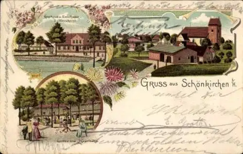 Litho Schönkirchen in Holstein, Gasthaus im Landhause, Totalansicht