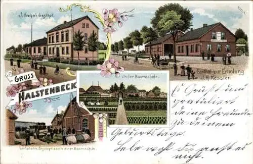 Litho Halstenbek in Holstein, J. Krohn's Gasthof, Gasthof zur Erholung J.H. Kessler, Baumschule