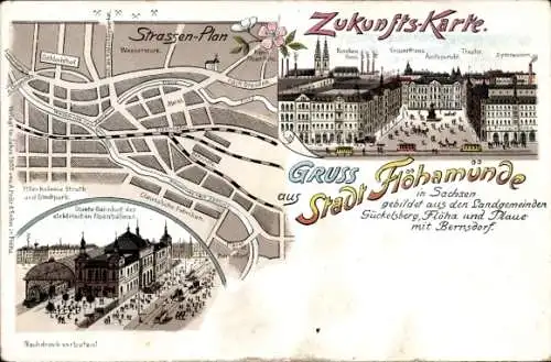Stadtplan Litho Flöha in Sachsen, Zukunfts-Karte, Flöhamünde, Gymnasium, Theater, Konzerthaus