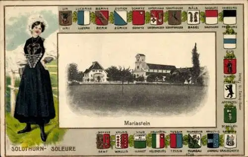 Passepartout Ak Mariastein Kanton Solothurn, Frau in Tracht, Wappen