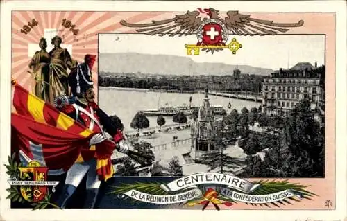 Wappen Ak Genève Genf Schweiz, Centenaire de la Reunion de Geneve, Blick auf die Stadt