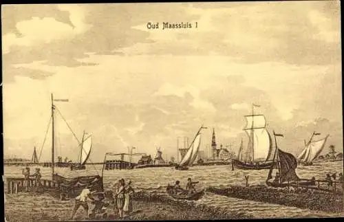 Künstler Ak Maassluis Südholland, Blick auf den Ort, Segelboote