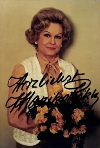 Ak Schauspielerin Marika Rökk, Portrait, Autogramm, Blumen