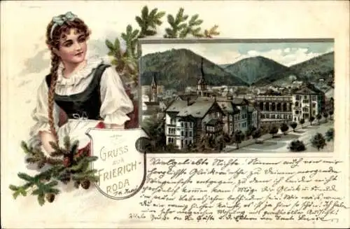 Passepartout Litho Friedrichroda im Thüringer Wald, Stadtansicht, Frau in Tracht