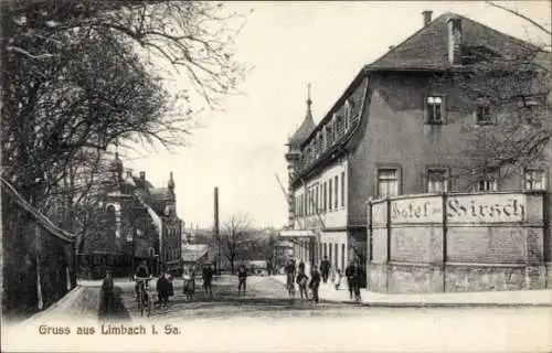 Ak Limbach Oberfrohna Sachsen, Hotel zum Hirsch, Straßenpartie