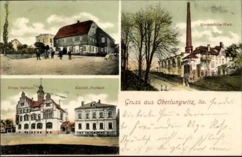 Ak Oberlungwitz in Sachsen, Elektrizitätswerk, Rathaus, Postamt