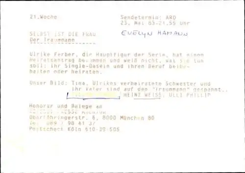 Foto Schauspielerin Evelyn Hamann, Filmszene, Autogramm