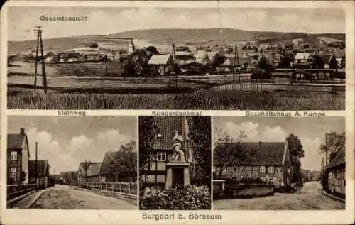 Ak Burgdorf bei Salzgitter, Gesamtansicht, Steinweg, Kriegerdenkmal, Geschäft A. Kumpe