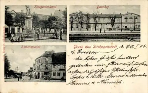 Ak Schöppenstedt in Niedersachsen, Kriegerdenkmal, Bahnhof, Stobenstraße