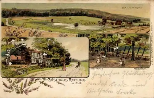 Litho Erkerode Niedersachsen, Gasthaus Reitling im Elm, Voss Mühle, Kegelbahn