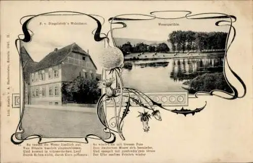 Ak Rinteln an der Weser, F. v. Dingelstedts Wohnhaus, Weserpartie