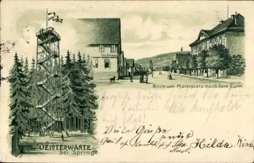 Litho Springe am Deister, Deisterwarte, Blick vom Marktplatz nach dem Turm