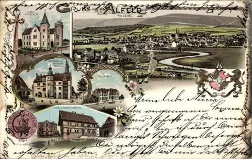 Litho Alfeld an der Leine, Gesamtansicht, Kreisständehaus, Rathaus, Denkmal, Bank