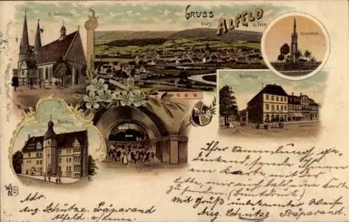 Litho Alfeld an der Leine, Kriegerdenkmal, Kirche, Rathaus, Markt, Panorama