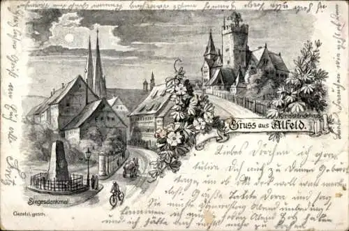 Litho Alfeld an der Leine, Kreisständehaus, Siegesdenkmal