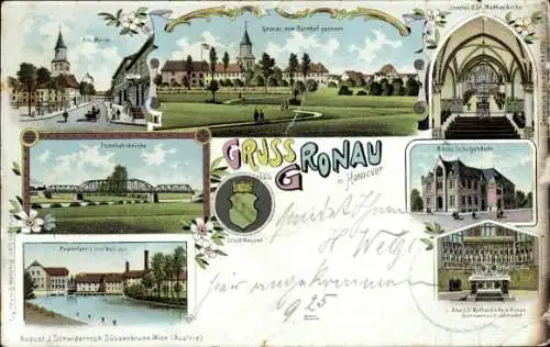 Litho Gronau an der Leine Niedersachsen, Markt, Schule, Altar, Papierfabrik, Eisenbahnbrücke