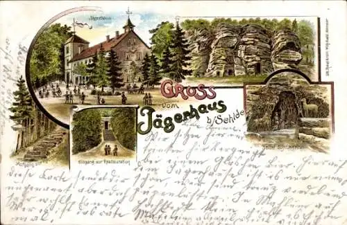 Litho Sehlde Niedersachsen, Jägerhaus, Aufgang zum Restaurant, Relief St. Hubertus