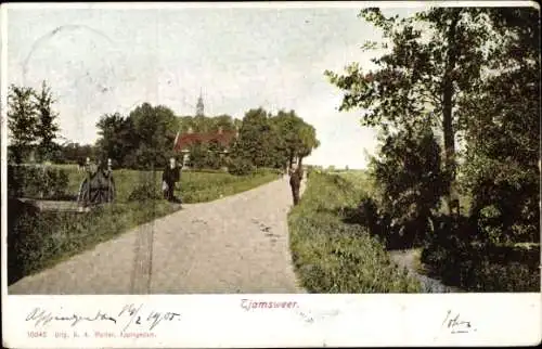 Ak Tjamsweer Appingedam Groningen Niederlande, Blick zum Ort, Weg