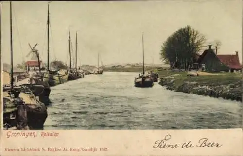 Ak Groningen Niederlande, Reitdiep, Windmühle, Boote