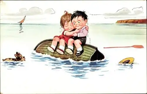 Künstler Ak Wills, John, Paar auf einem gekenterten Boot, Hund