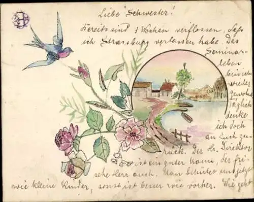 Handgemalt Litho Haus am Teich, Vogel, Blumen