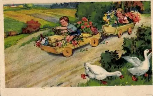 Ak Kinder fahren Autos, Blumen, Geschenke, Fliehende Gänse