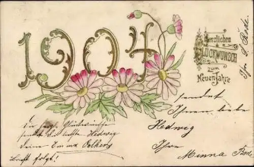 Präge Ak Glückwunsch Neujahr 1904, Blumen