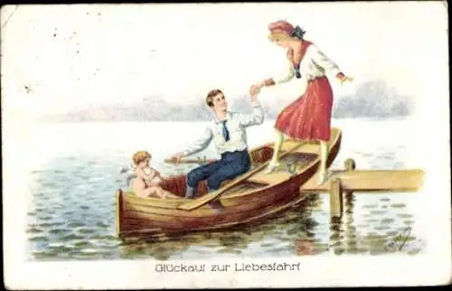 Künstler Ak Glückauf zur Liebesfahrt, Liebespaar, Amor, Ruderboot