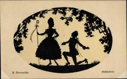 Scherenschnitt Künstler Ak Borrmeister, R., Geständnis, Liebespaar