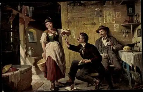 Künstler Ak Baumgartner, P., Zigarre gefällig, Frau in Tracht, Wohnstube