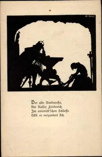 Scherenschnitt Ak Der alte Barbarossa, Der Kaiser Friedrich, im unterirdischen Schloss...