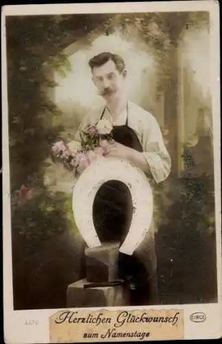 Ak Glückwunsch Namenstag, Mann mit Blumen und Hufeisen