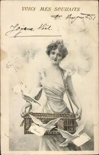 Litho Junge Frau mit Vogelkäfig, Tauben, Briefe