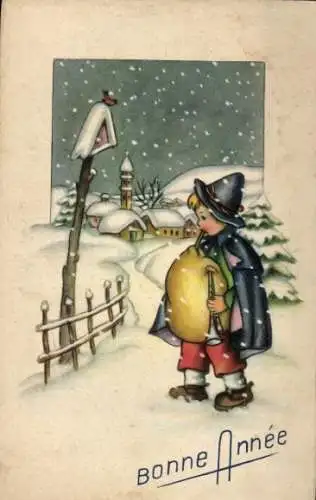 Ak Glückwunsch Neujahr, Kind mit Musikinstrument, Kirche, Winter, Schnee
