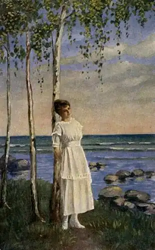 Künstler Ak Burger, F., Erwartung, Frau am Baum, Seeufer