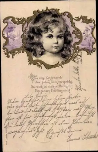 Litho Mädchengesicht, Portrait, Gedicht