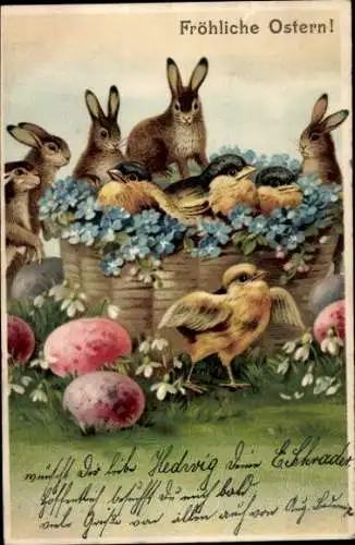 Litho Glückwunsch Ostern, Osterhasen, Küken, Ostereier, Vergissmeinnicht