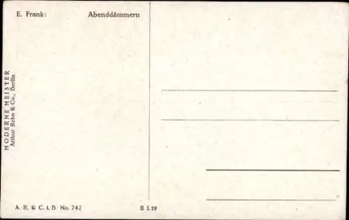 Künstler Ak Frank, E., Abenddämmern, Frau sitzt auf der Fensterbank